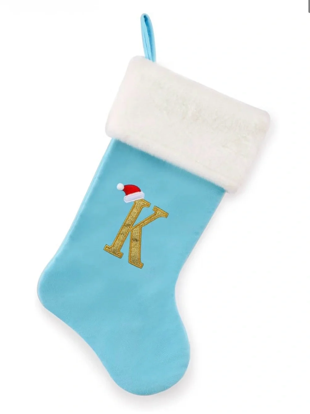 Light Blue Velvet Christmas 18”Stocking Monogram Plush Letter K White NWT